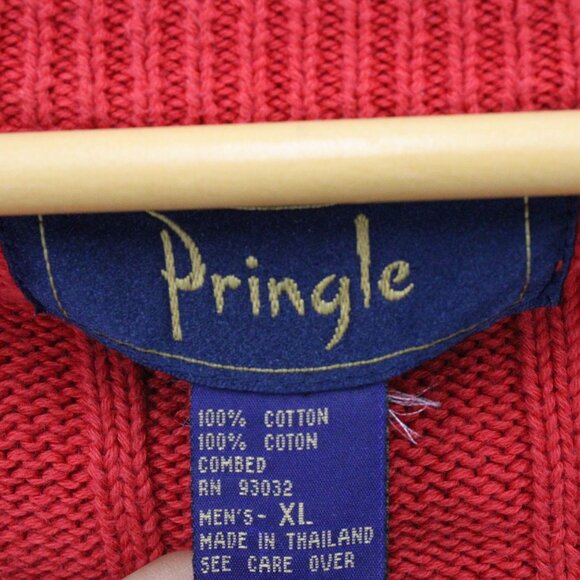 Vintage Pringle Sweater Mens Red Pullover Knit Crewneck Cotton Size XL 90s - Picture 6 of 9